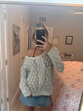 Open-Knit Off-Shoulder Cream Sweater